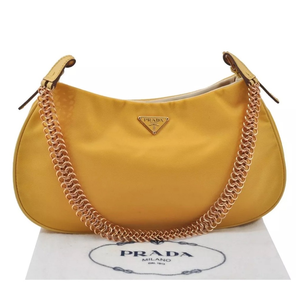 Authentic PRADA Nylon Tessuto Chain Shoulder Hand Bag Yellow 💛 w/ dustbag